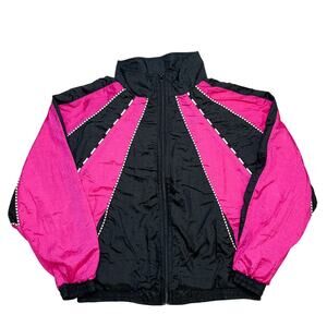 Bocoo Vintage 90s Windbreaker Jacket Black Pink Striped High Neck Zip Up Retro